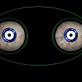 Two Human Eyes With Blue Irises And Green Circular Lines Against Black Background