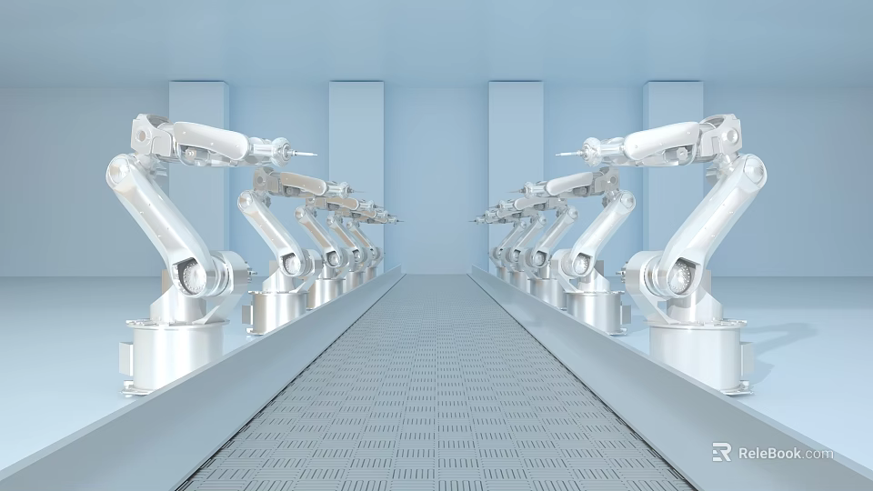 Intelligent Robotic Arms Arranged in Rows in Industrial Setting With Grid Floor and Blue Background 3d model 