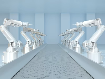 Intelligent Robotic Arms Arranged in Rows in Industrial Setting With Grid Floor and Blue Background 3d model