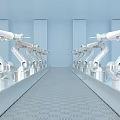 Intelligent Robotic Arms Arranged in Rows in Industrial Setting With Grid Floor and Blue Background