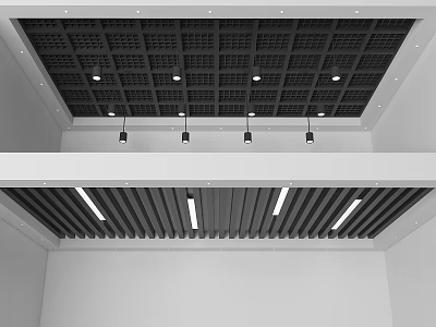 Modern Black Grid And Wooden Slat Ceiling Design With Recessed Lights 3d model