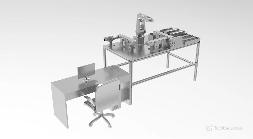 Advanced Industrial Equipment Setup with Robotic Arm Workbench Computer Monitor and Office Chair 3d model 
