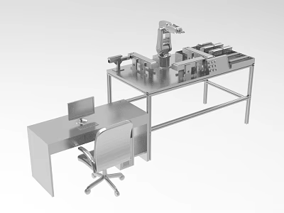 Advanced Industrial Equipment Setup with Robotic Arm Workbench Computer Monitor and Office Chair 3d model