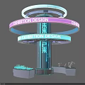 Futuristic Exhibition Design Display With Circular Glowing Rings Blue Pillar And Platforms