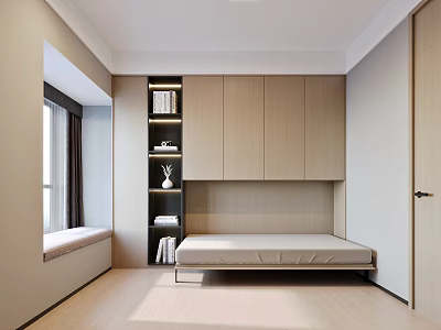 Minimalist Tatami Bedroom With Wooden Storage Cabinets Bookshelf Window Curtain And Wooden Flooring 3d model