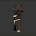 Bearded Hooded Monk 3D Character In Low Poly Style With Brown Robe And Belt