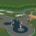 Scenic Park Landscape With Green Trees Canopied Areas Fountains Circular Pathways And Wooden Sign