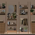 Stylish Cosmetics And Perfume Display Shelves With Plants Towels And Baskets