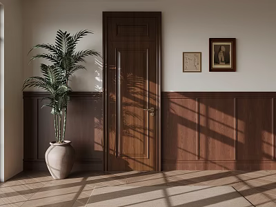 Brown Wooden Door Interior With Brown Wainscoting Green Plant Paintings And Sunlight Shadows 3d model