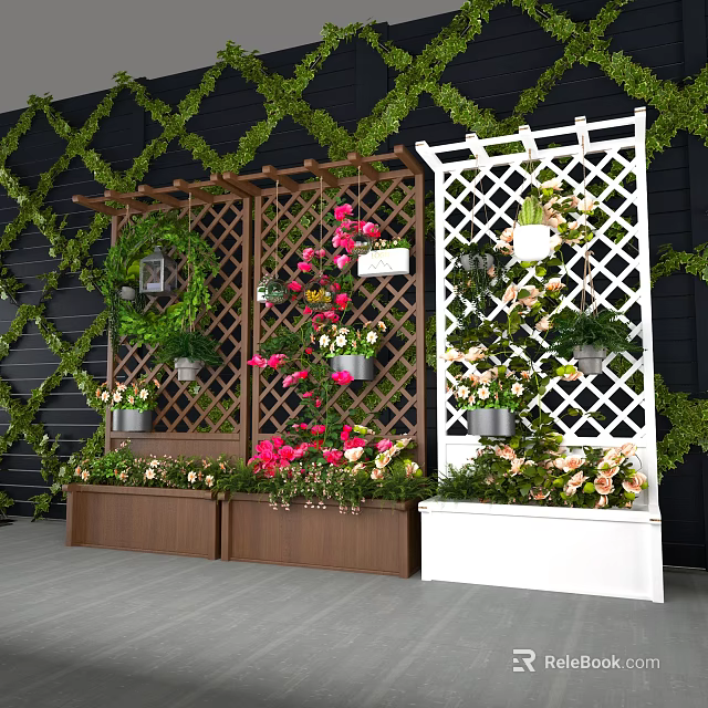 Charming Garden Decor with Black Wall Green Vines Lattice Trellis Hanging Baskets and Colorful Flowers 3d model 