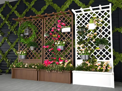 Charming Garden Decor with Black Wall Green Vines Lattice Trellis Hanging Baskets and Colorful Flowers 3d model