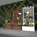 Charming Garden Decor with Black Wall Green Vines Lattice Trellis Hanging Baskets and Colorful Flowers