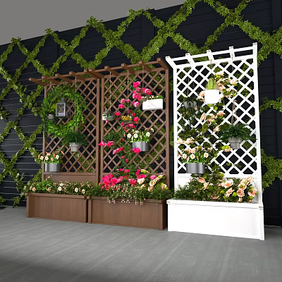 Charming Garden Decor with Black Wall Green Vines Lattice Trellis Hanging Baskets and Colorful Flowers 3d model