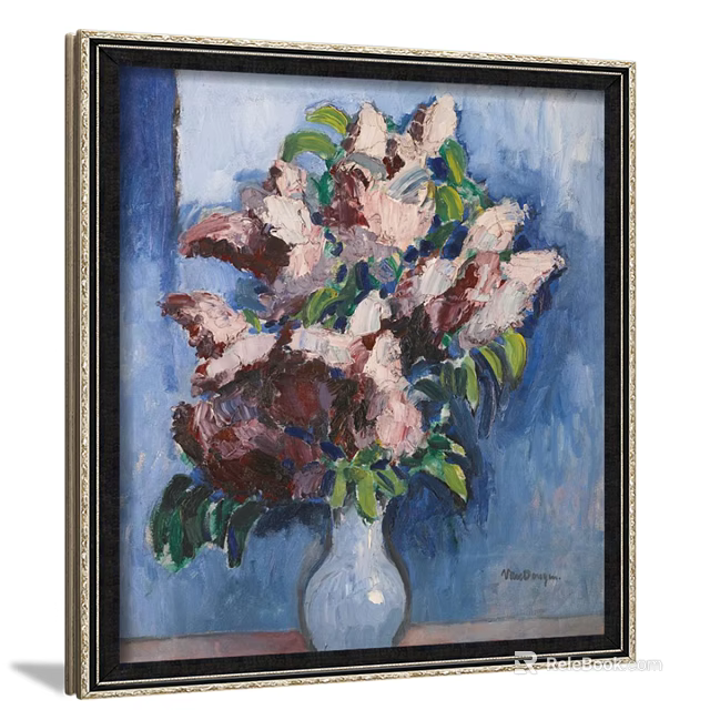 Botanical Painting Of Pink Purple Flowers In White Vase With Green Leaves And Blue Background 3d model 