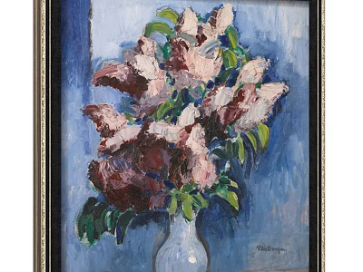 Botanical Painting Of Pink Purple Flowers In White Vase With Green Leaves And Blue Background 3d model