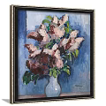 Botanical Painting Of Pink Purple Flowers In White Vase With Green Leaves And Blue Background