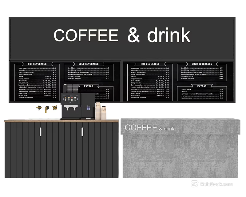 Modern Coffee Bar Counter With Drink Menu Boards And Coffee Machine 3d model 