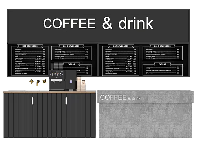 Modern Coffee Bar Counter With Drink Menu Boards And Coffee Machine 3d model
