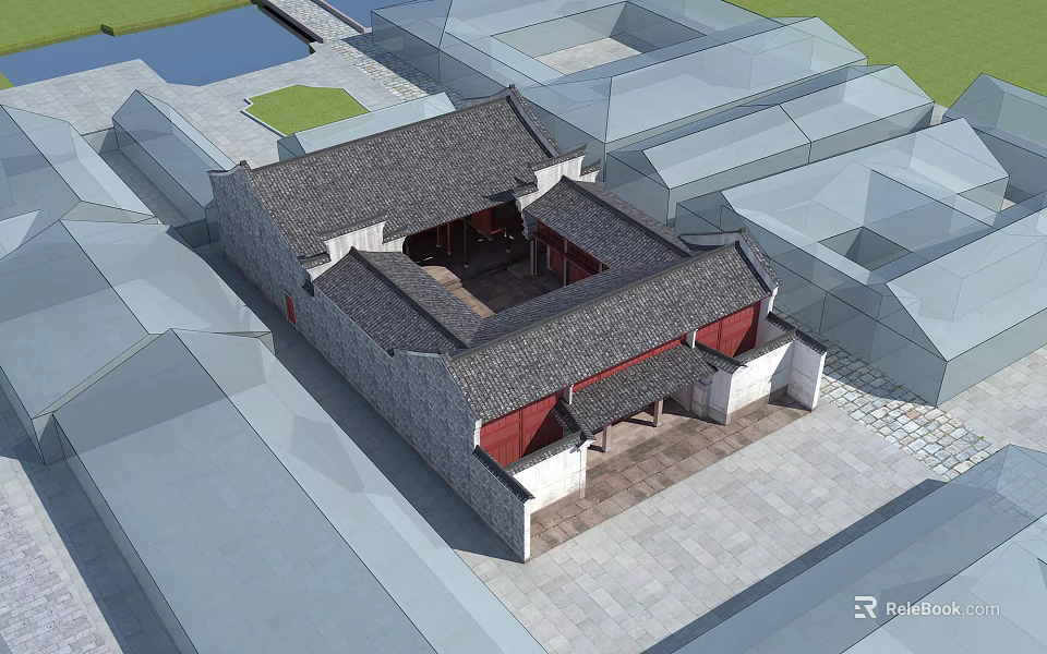Traditional Chinese Ancient Architecture With Courtyard Red Doors And Grey Tiled Roof 3d model 