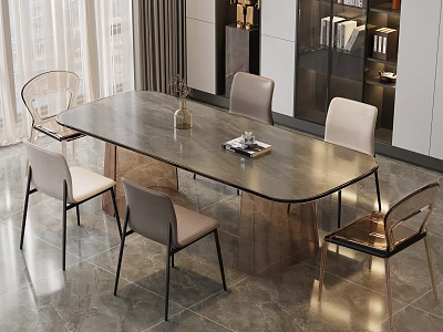 Elegant Modern Dining Table Set with Rectangular Top and Upholstered Chairs in Bright Room 3d model