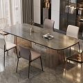 Elegant Modern Dining Table Set with Rectangular Top and Upholstered Chairs in Bright Room 3d model