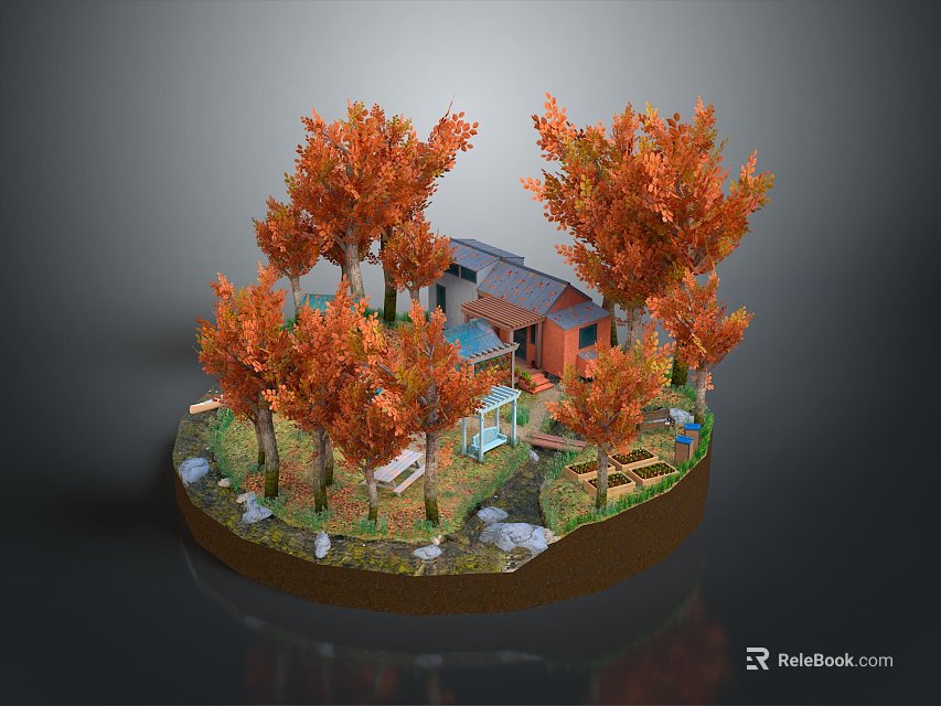 Scenic Autumn Landscape With Orange Trees And Small Cabin Surrounded By Rocks 3d model 