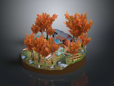 Scenic Autumn Landscape With Orange Trees And Small Cabin Surrounded By Rocks 3d model