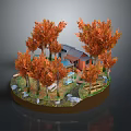 Scenic Autumn Landscape With Orange Trees And Small Cabin Surrounded By Rocks