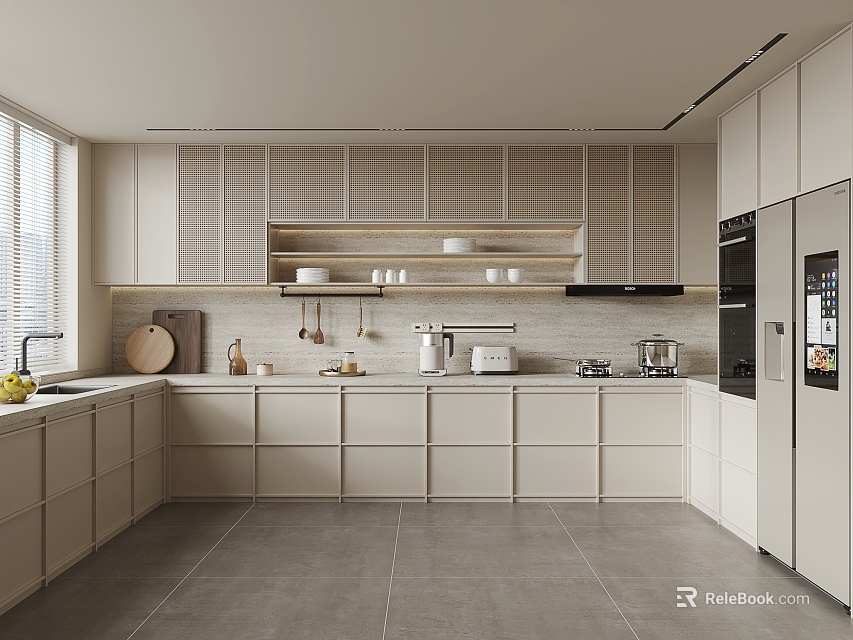 Modern Open Kitchen Interior Design With White Cabinets Island Counter And Appliances 3d model 