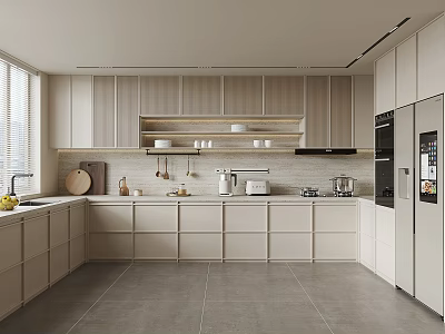 Modern Open Kitchen Interior Design With White Cabinets Island Counter And Appliances 3d model