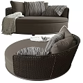Elegant Dark Brown Rattan Sofa Stool With Round Design And Decorative Pillows