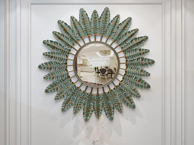Round Decorative Mirror With Green Feather Shaped Design And Gold Accents On White Wall 3d model