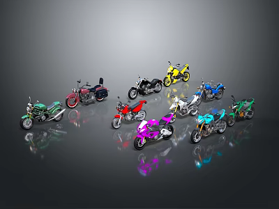 Colorful Motorcycle Models Arranged In Circular Formation On Grey Background With Reflections 3d model