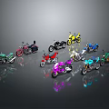 Colorful Motorcycle Models Arranged In Circular Formation On Grey Background With Reflections