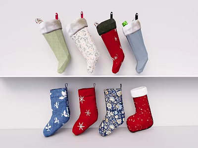Colorful Decorative Christmas Stockings With Various Festive Patterns Displayed On Shelf 3d model