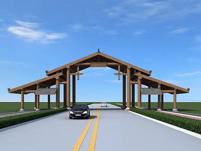 Traditional Chinese Arch Gate with Road Cars and Green Grass Under Blue Sky 3d model