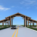 Traditional Chinese Arch Gate with Road Cars and Green Grass Under Blue Sky