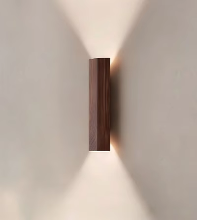 Dark Brown Wooden Vertical Wall Lamp with Soft Lighting Effect on Light Wall 3d model