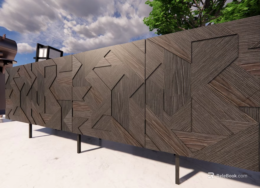 Wooden Panel With Geometric Patterns Black Metal Stands Sky Clouds And Green Plants 3d model 
