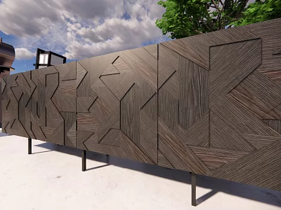 Wooden Panel With Geometric Patterns Black Metal Stands Sky Clouds And Green Plants 3d model