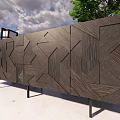 Wooden Panel With Geometric Patterns Black Metal Stands Sky Clouds And Green Plants