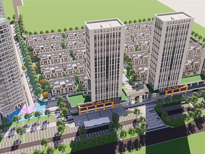 Modern Urban Development With Tall Buildings Low Rise Houses Green Spaces And Streets 3d model