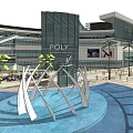 Modern Commercial Complex with High Rise Buildings Overpass Plaza Greenery and Vehicles