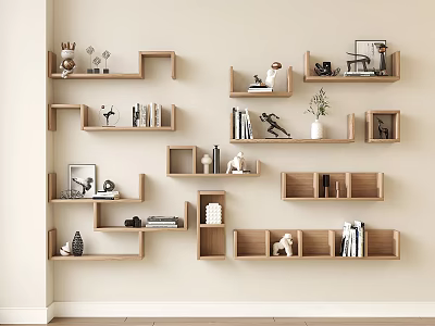 Modern Wooden Wall Mounted Shelving Units with Various Shapes Decorative Items and Books 3d model