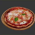 Delicious Fresh Pizza With Tomato Sauce Melted Cheese And Basil Leaves On Wooden Board