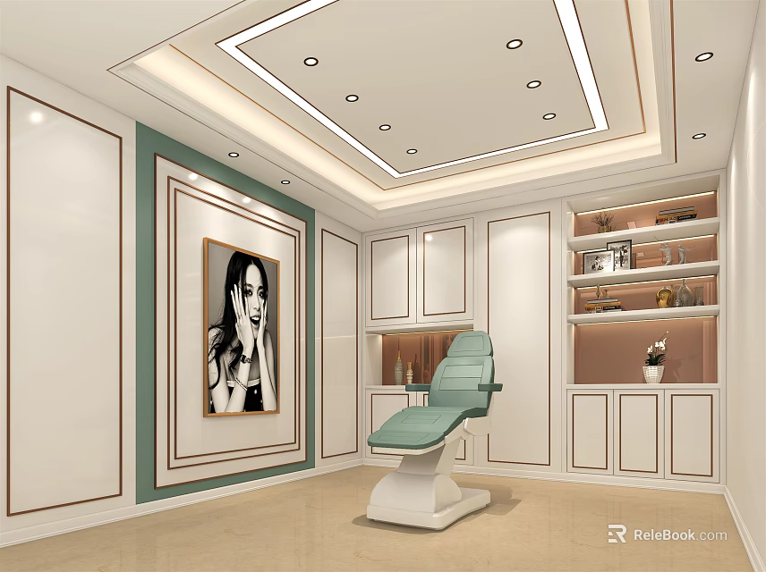 Modern Treatment Room Interior With Green Chair Portrait Painting White Cabinets And Shelves 3d model 