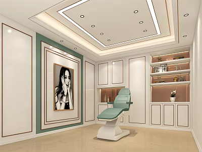 Modern Treatment Room Interior With Green Chair Portrait Painting White Cabinets And Shelves 3d model