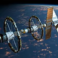 Wheel Shaped Space Station Orbiting Earth With Cloudy Skies 3d model