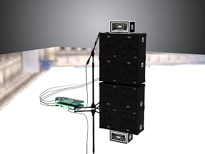 Black Audio Speaker Stack with Top Display Screen Connected Cables and Green Device for Stage 3d model