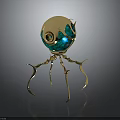 Intricate Fantasy Creature With Spherical Body Golden Legs And Blue Decorative Shiny Surface